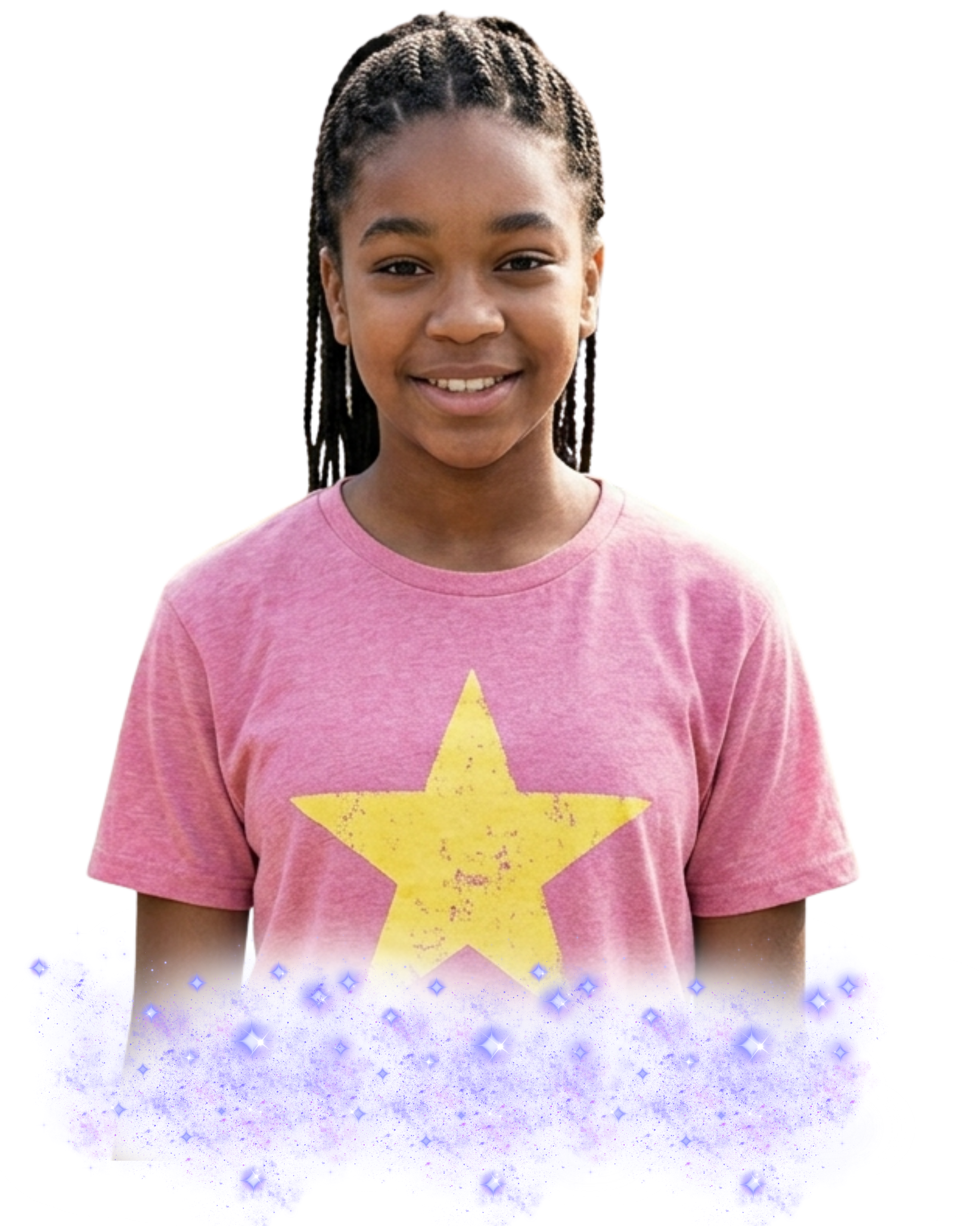 Young girl with braids smiling wearing a pink shirt with a yellow star design, with a digitally added sparkly, starry background.