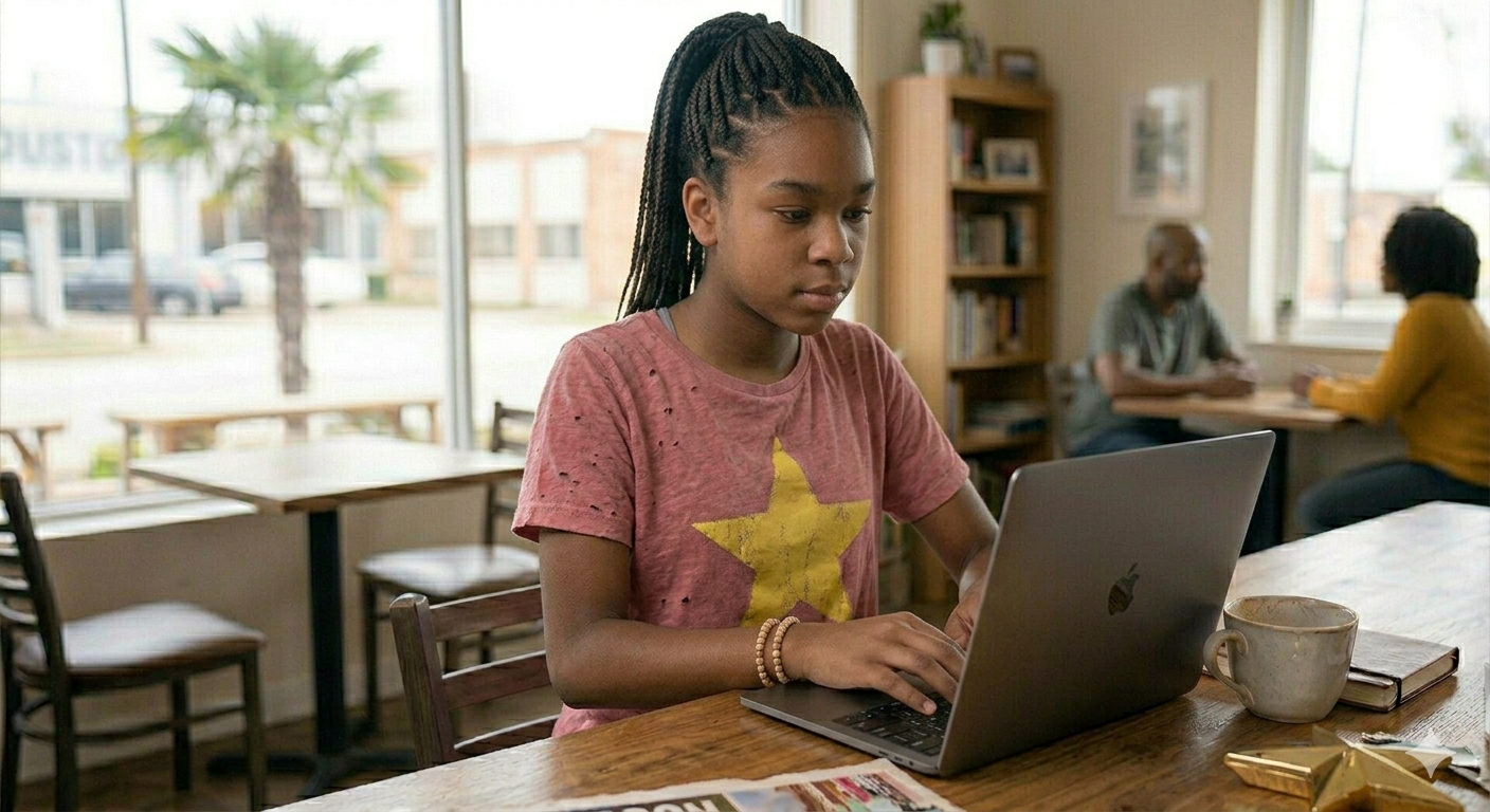 A young girl with braided hair working on a laptop at a table in a coffee shop or cafe, with two adults talking in the background.
