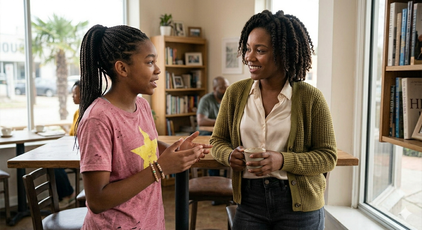 Two women having a conversation in a cozy cafe or bookstore, with bookshelves and a window in the background.