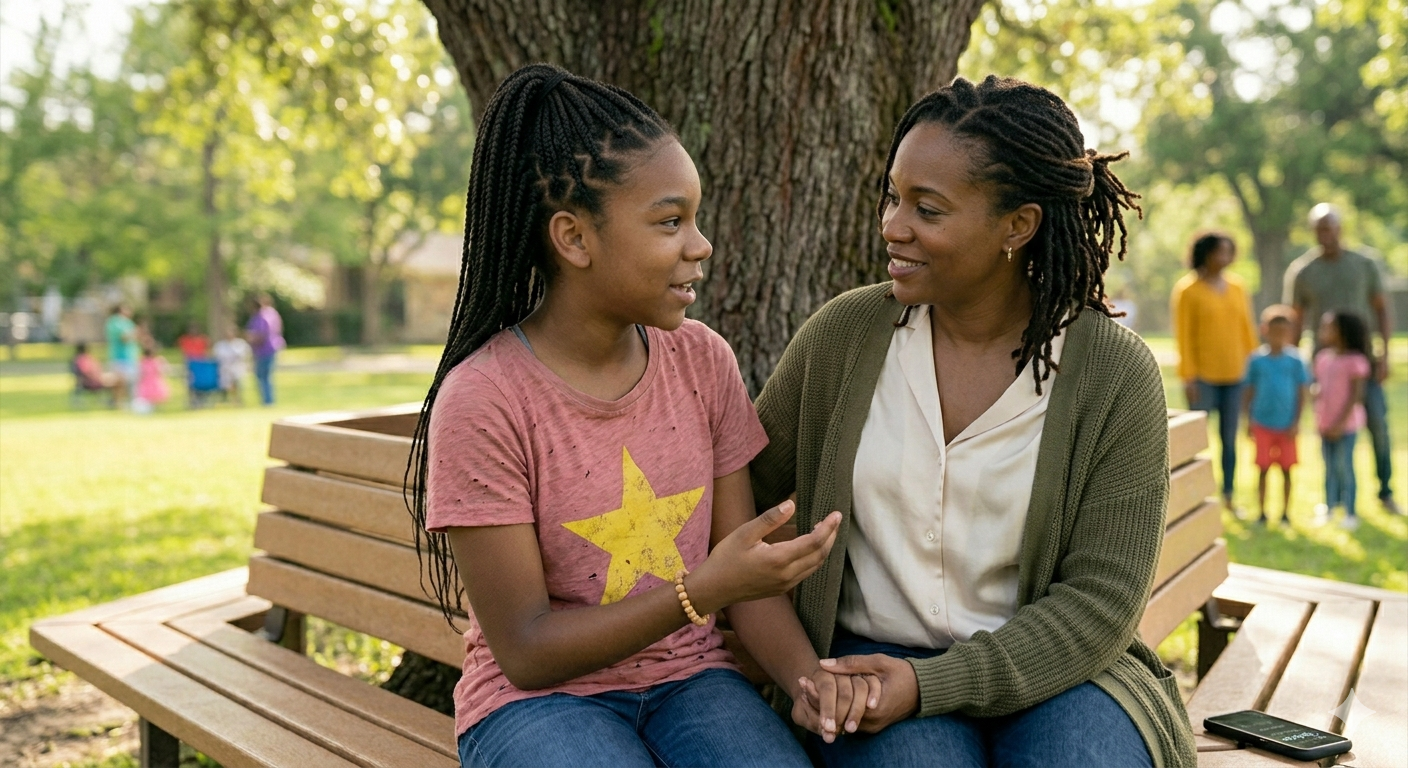 A woman and a girl sitting on a park bench under a tree, engaging in conversation. The woman is holding the girl’s hand, and they are smiling at each other. In the background, several people are gathered, some children playing.