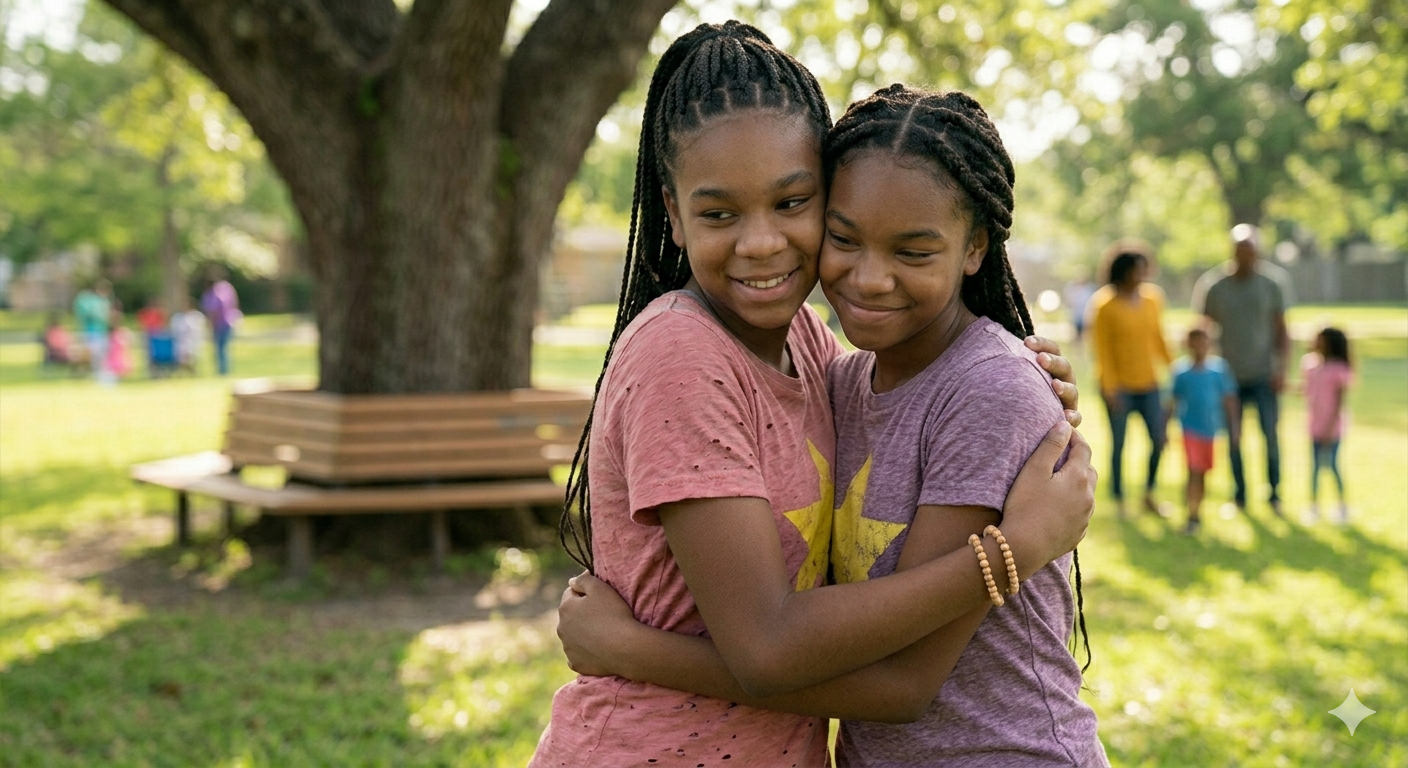 Two young girls with braided hair sharing a hug in a park, smiling. There is a large tree behind them and a bench. In the background, a group of people and children are visible.