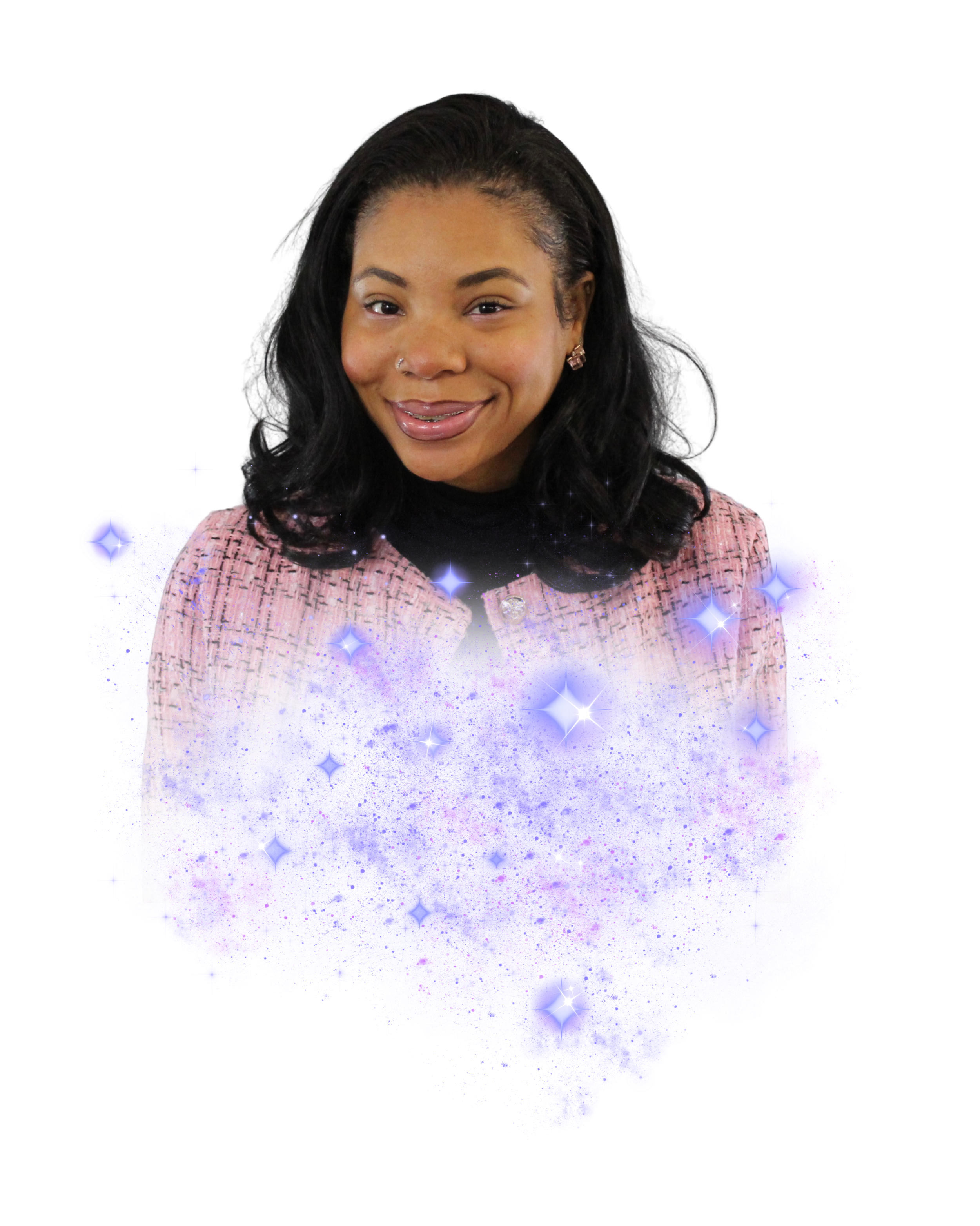 A woman with black hair, wearing a pink jacket, smiling, surrounded by purple and white sparkling effects.