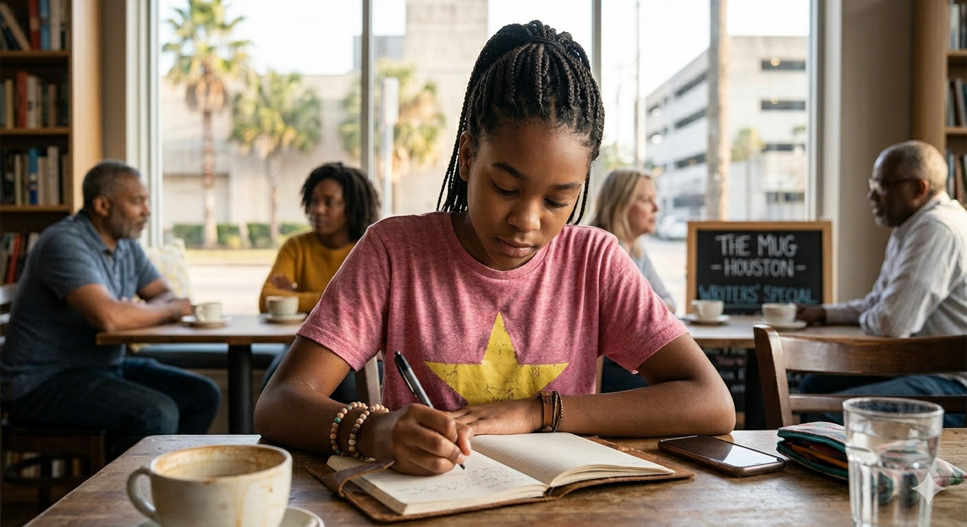 A young woman with braided hair writing in a notebook at a café, with a smartphone and a glass of water on the table, other patrons sitting in the background.