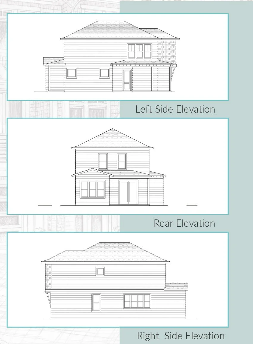 Architectural blueprint of a two-story house showing left side, rear, and right side elevations.
