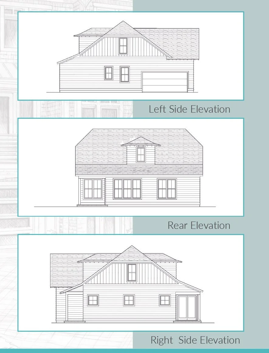 Architectural drawing showing the left side, rear, and right side elevations of a two-story house.