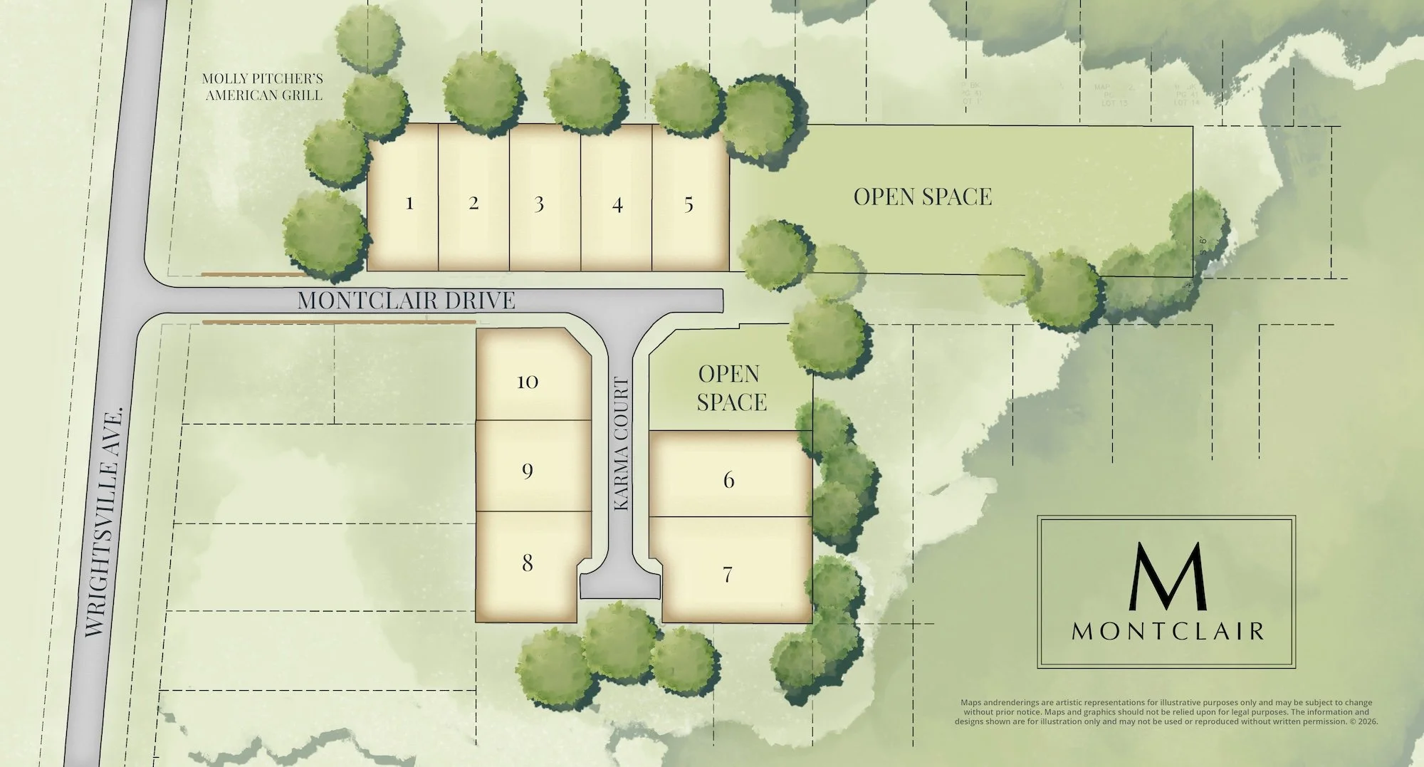 A site plan showing lots numbered 1 through 10, open spaces, trees, and roads named Montclair Drive, Wrightsville Avenue, and Karma Court. The plan includes areas labeled Molly Pitcher's American Grill and the Montclair logo.
