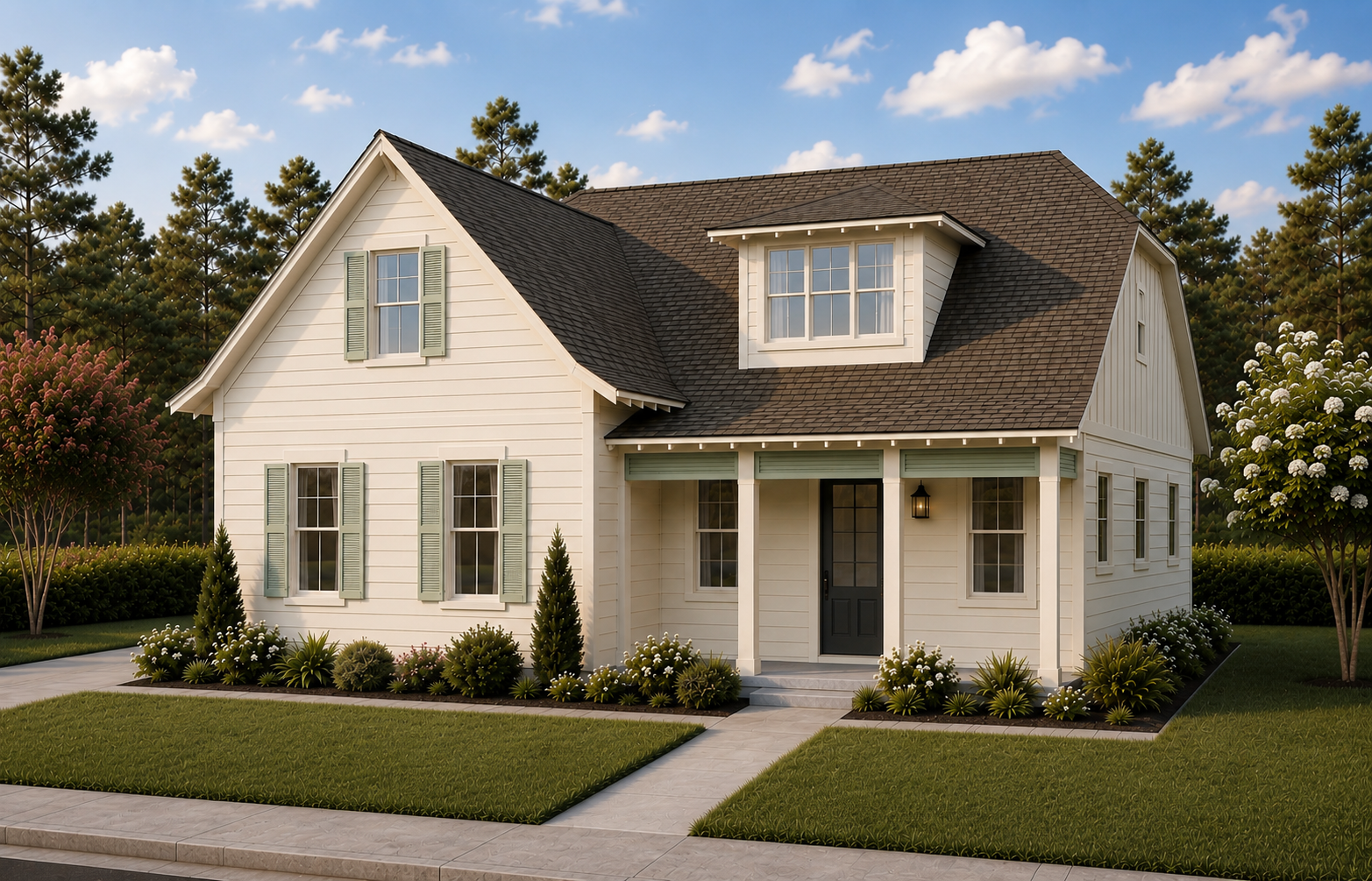 A white two-story house with green shutters and a dark roof, surrounded by landscaped garden with bushes, flowers, and trees under a partly cloudy sky.