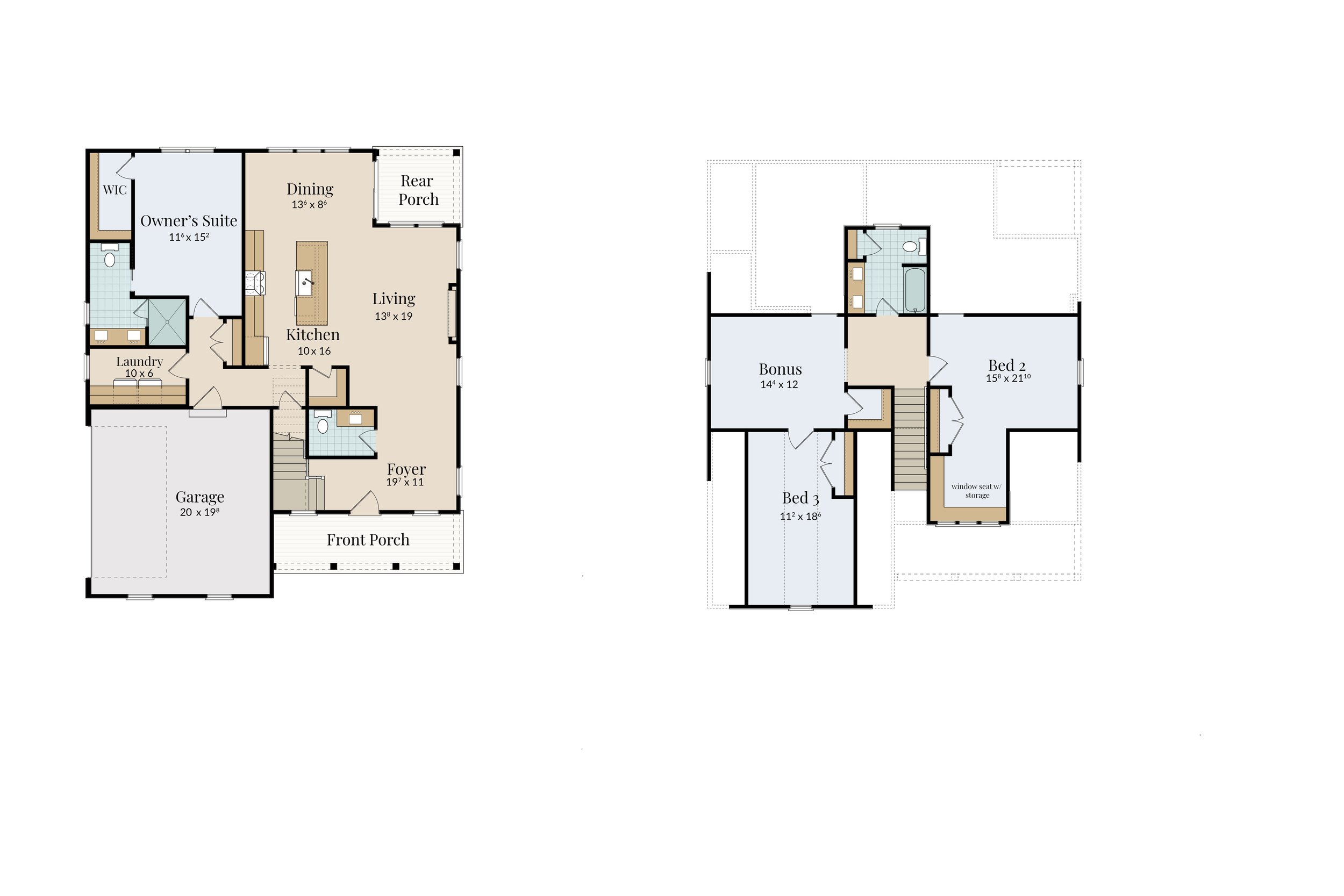 Floor plan of a two-story house with labeled rooms including garage, foyer, kitchen, dining, living room, owner's suite, laundry, and porch on the first floor, and bedrooms, bathroom, bonus room, and window seat upstairs.