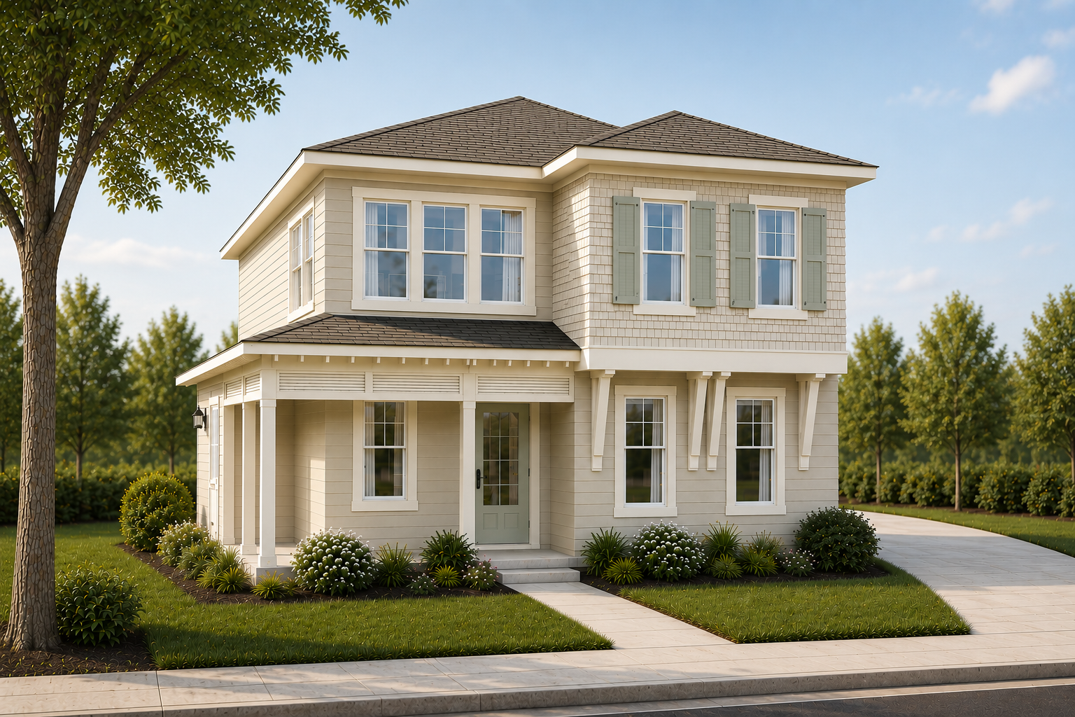 A two-story suburban house with beige siding, green shutters, and a small porch with steps leading up to the front door, surrounded by a lawn with shrubs and trees.