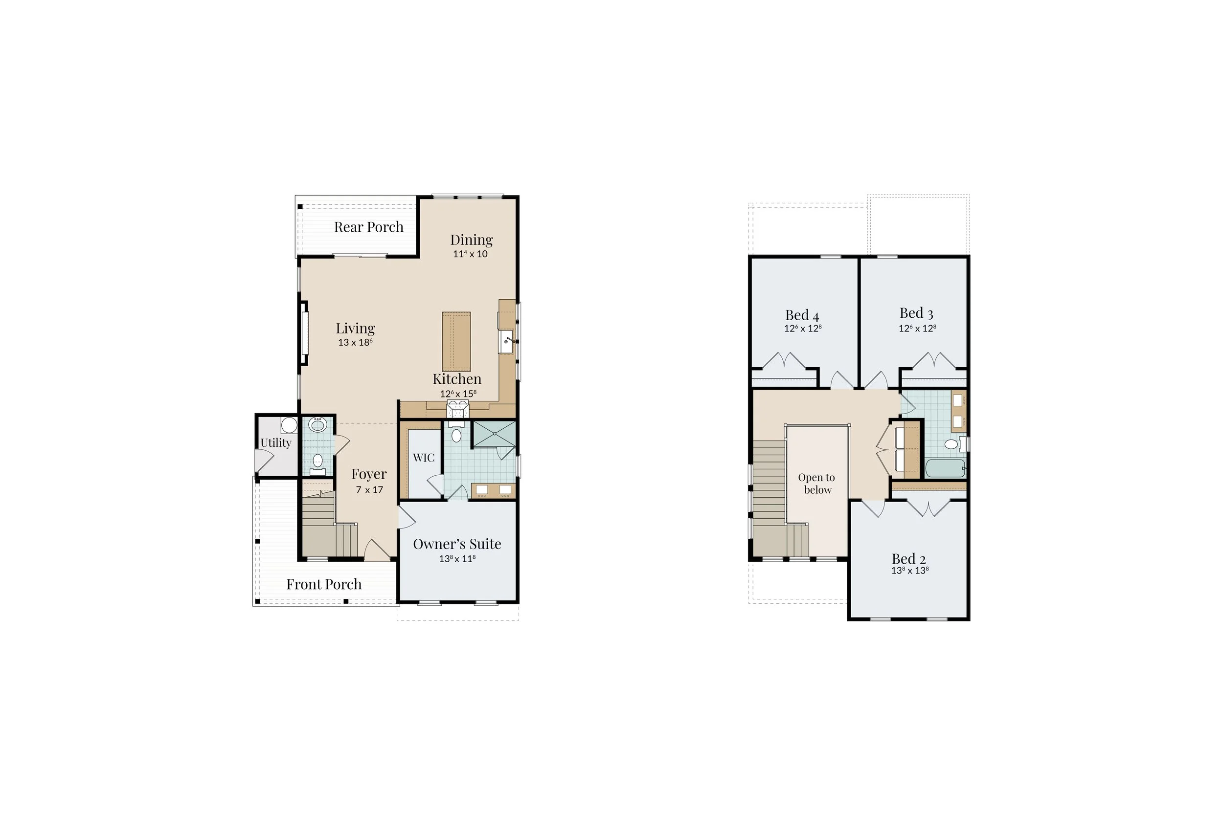 Floor plan of a two-story house showing various rooms including a front porch, owner’s suite, foyer, utility room, living room, dining area, kitchen, rear porch, and several bedrooms with dimensions.