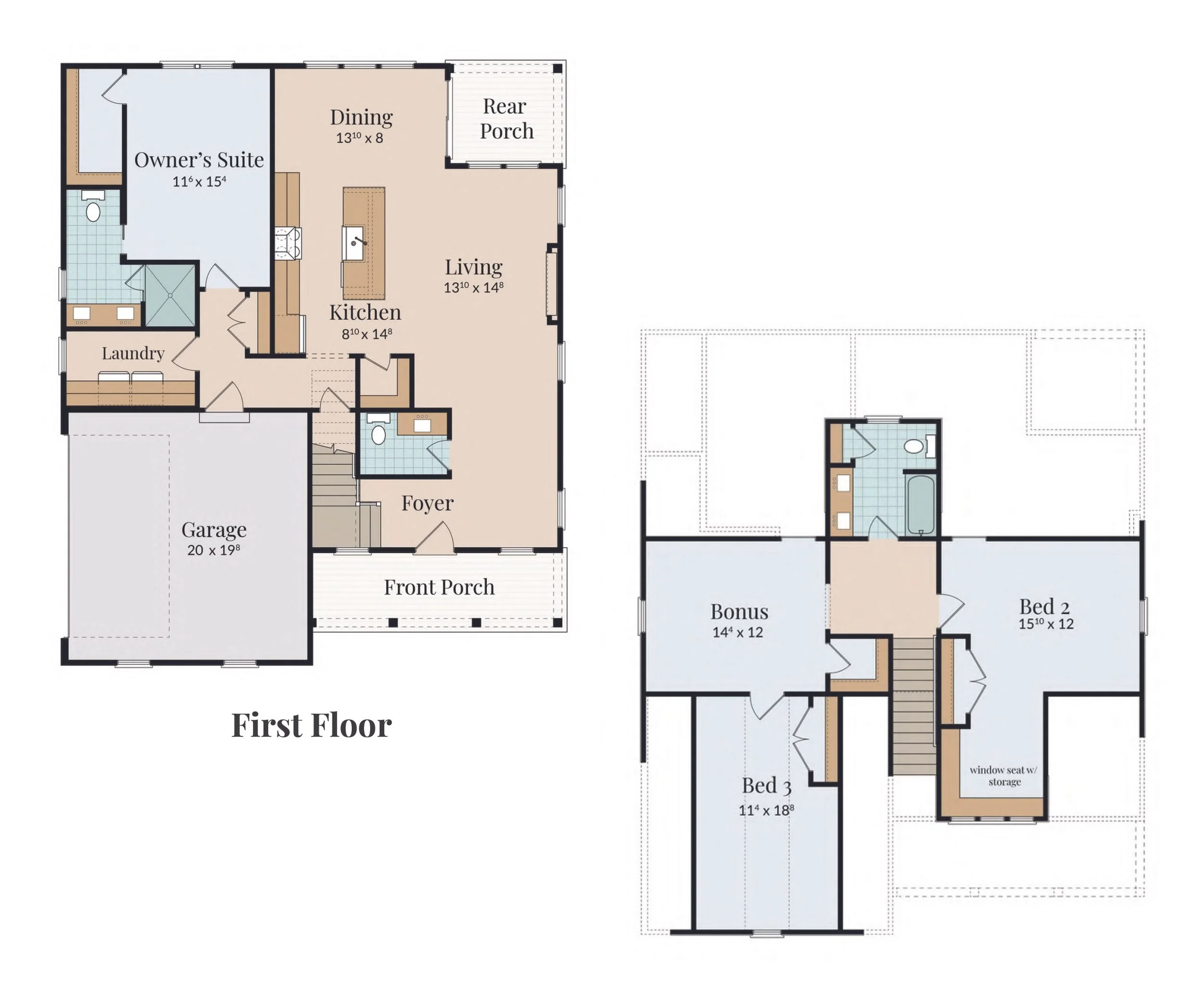 Floor plan of a house showing rooms labeled Owner's Suite, Living, Kitchen, Dining, Laundry, Garage, Foyer, Bonus, Bed 2, Bed 3 with dimensions, and a rear porch and front porch.