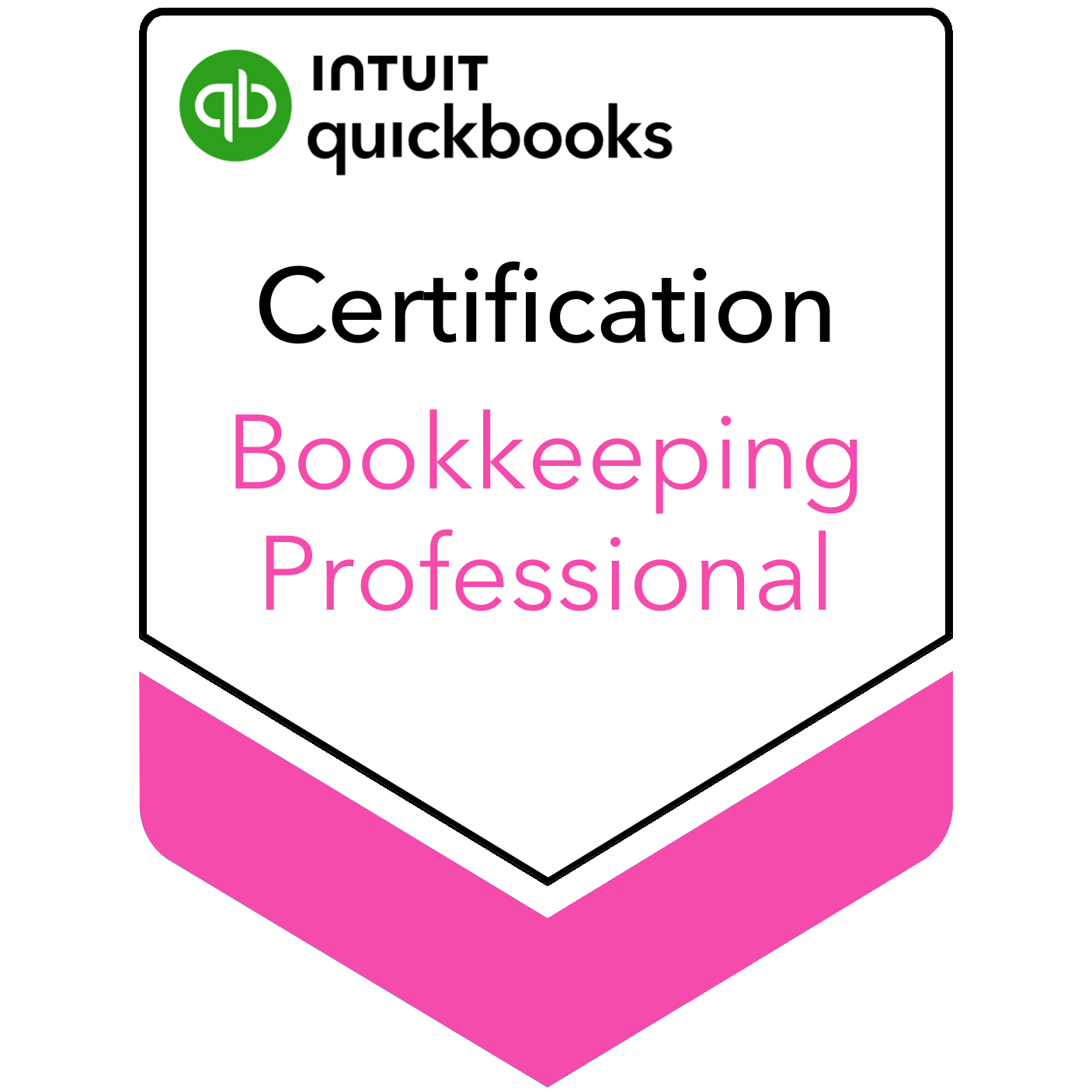 Certificate from QuickBooks recognizing professional bookkeeping certification, with green QuickBooks logo on top and pink accents at bottom.