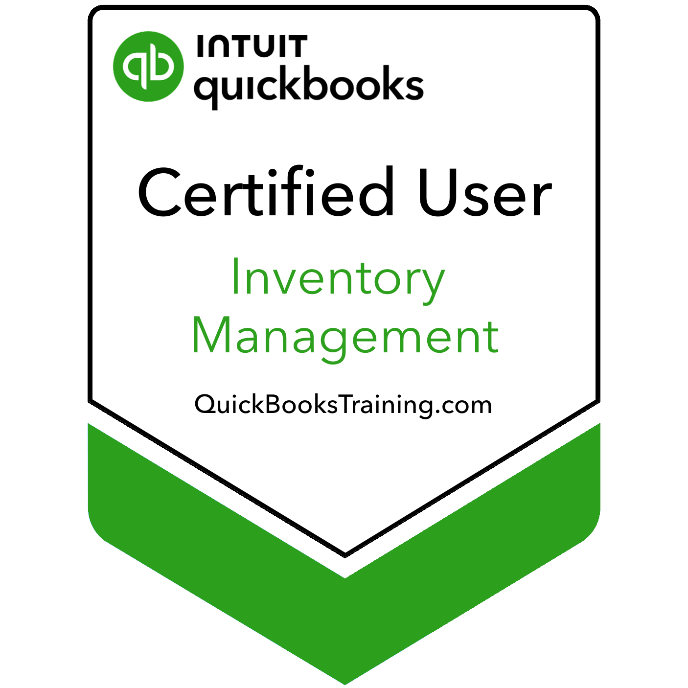 Certification badge for QuickBooks Inventory Management Training with a green and black design and the website QuickBooksTraining.com