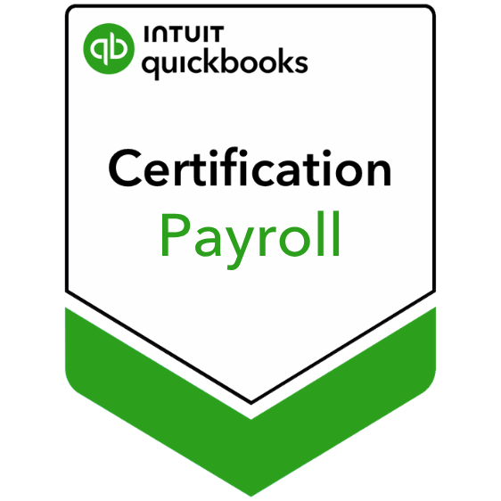 Certification badge for QuickBooks Payroll by Intuit with green and black design elements.