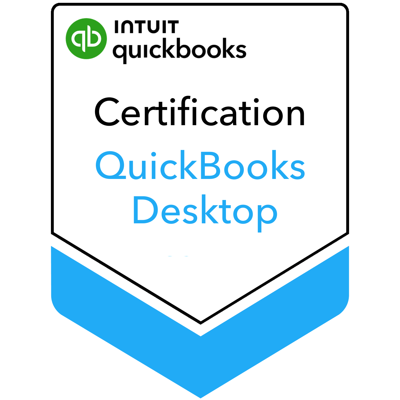Certification badge for QuickBooks Desktop, featuring a green logo with a white 'qb' and text stating 'Intuit QuickBooks Certification' in black and blue letters.