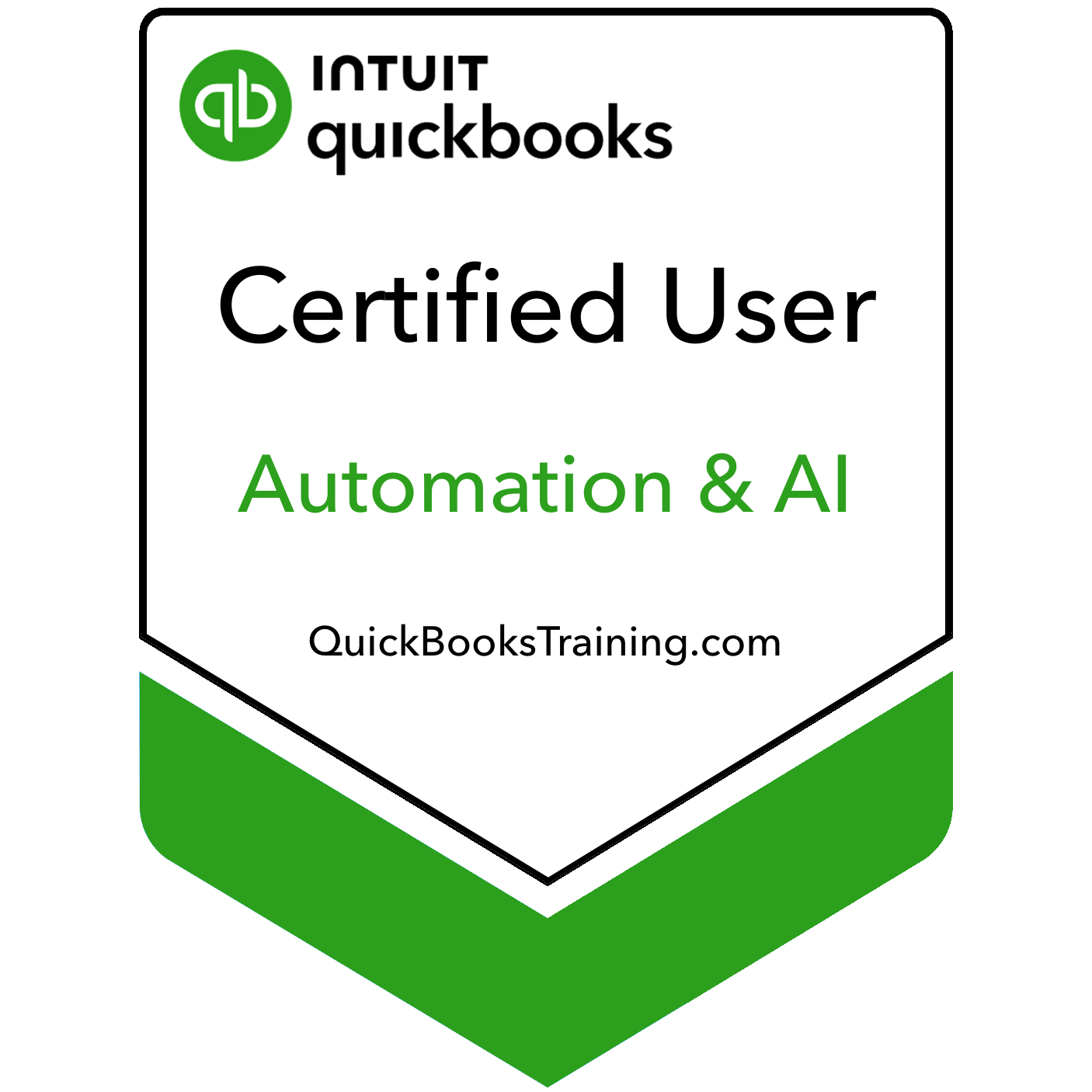 Certificate badge for QuickBooks Certified User in Automation and AI by QuickBooksTraining.com, featuring green, black, and white colors.