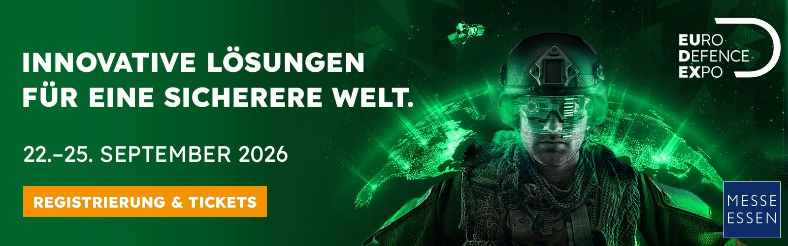 Green promotional banner for Euro Defence Expo 2026 featuring military-themed graphic with a soldier wearing high-tech goggles in front of a digital globe and satellite imagery, with event dates September 22-25, 2026, and registration button.