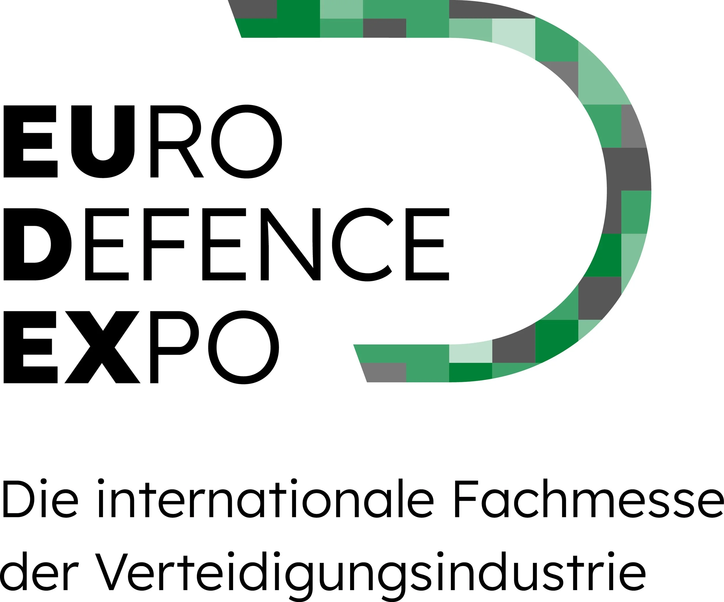 Logo for Euro Defence Expo with a circular green and gray mosaic design.