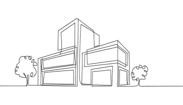 Line drawing of a modern building with trees on either side.
