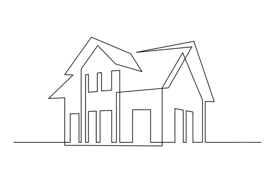 Outline drawing of a house with multiple rooflines and windows.