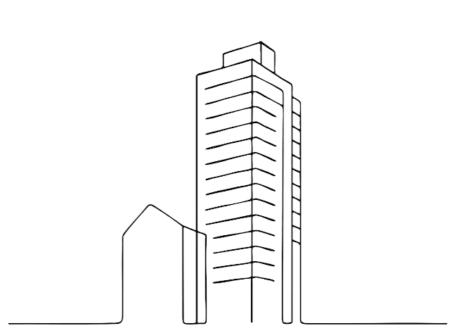 Line drawing of a tall office building with multiple floors and windows, with a smaller adjacent structure, set against a black background.