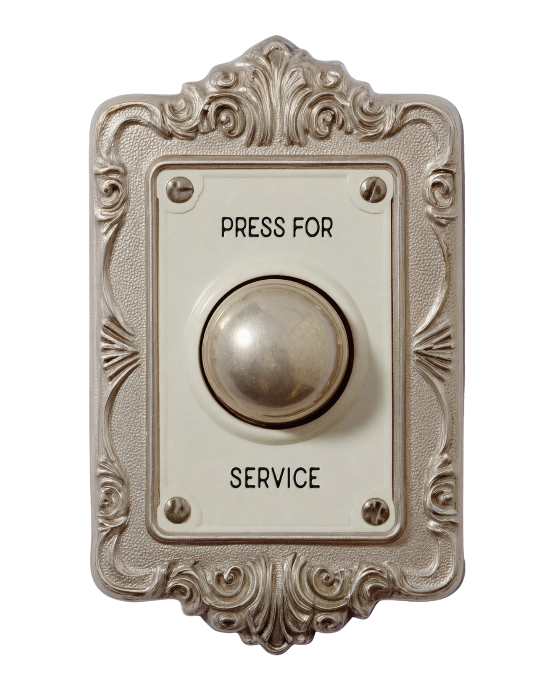 A vintage service bell with an ornate, decorative border, and a round button in the center labeled 'Press for Service'.