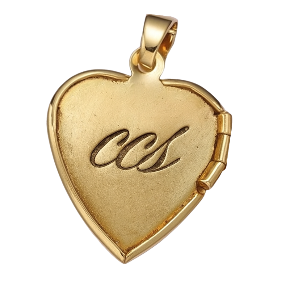 Gold heart-shaped pendant with initials 'CCS' engraved in cursive.
