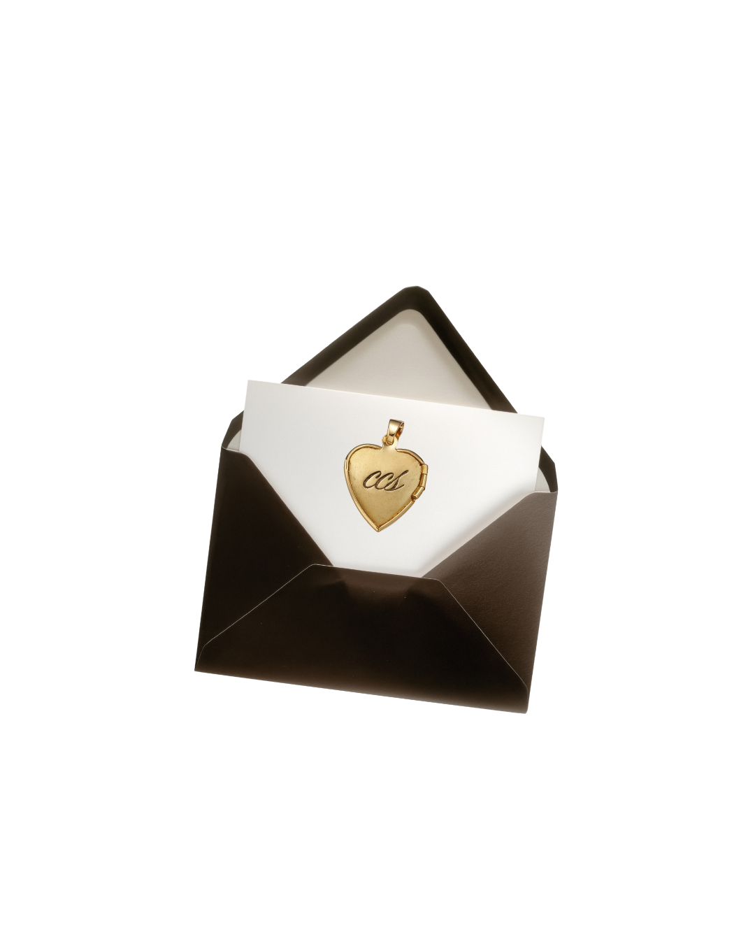 A brown leather envelope-style jewelry box with an open lid, containing a white card with a gold heart-shaped pendant engraved with the initials 'as' on a white background.