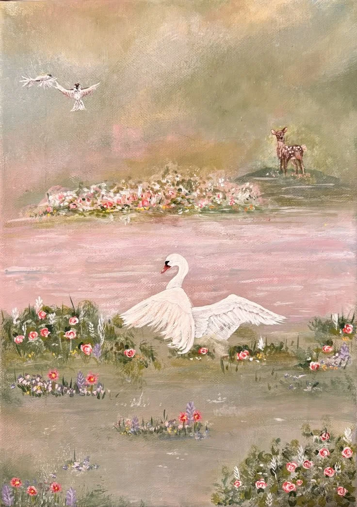 A painting of a white swan with outstretched wings in a pond, surrounded by pink and purple flowers, with a deer on a small hill in the background, and a bird flying in the sky against a pastel-colored sky.