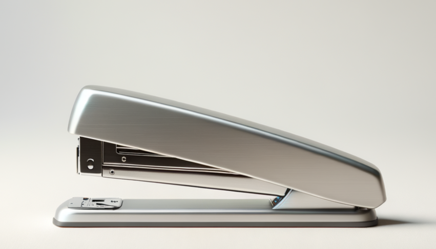 Silver stapler on a light-colored surface against a plain, light background.
