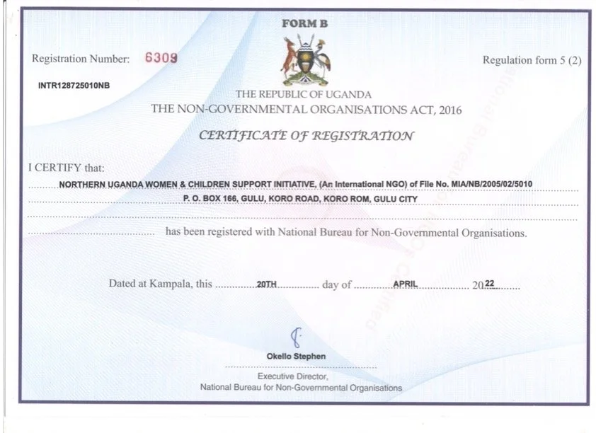Ugandan certificate of registration for Northern Uganda Women & Children Support Initiative, registered with the National Bureau for Non-Governmental Organisations.