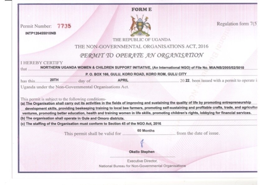 Ugandan permit document for a non-governmental organization, issued to Northern Uganda Women & Children Support Initiative.