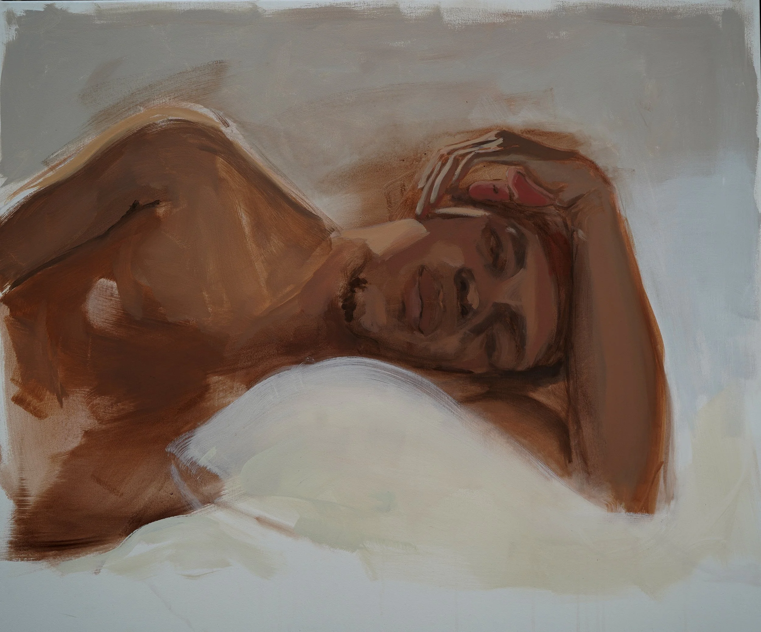 A painting of a person lying down with eyes closed, resting their head on their hand, painted in earthy tones with broad brushstrokes.