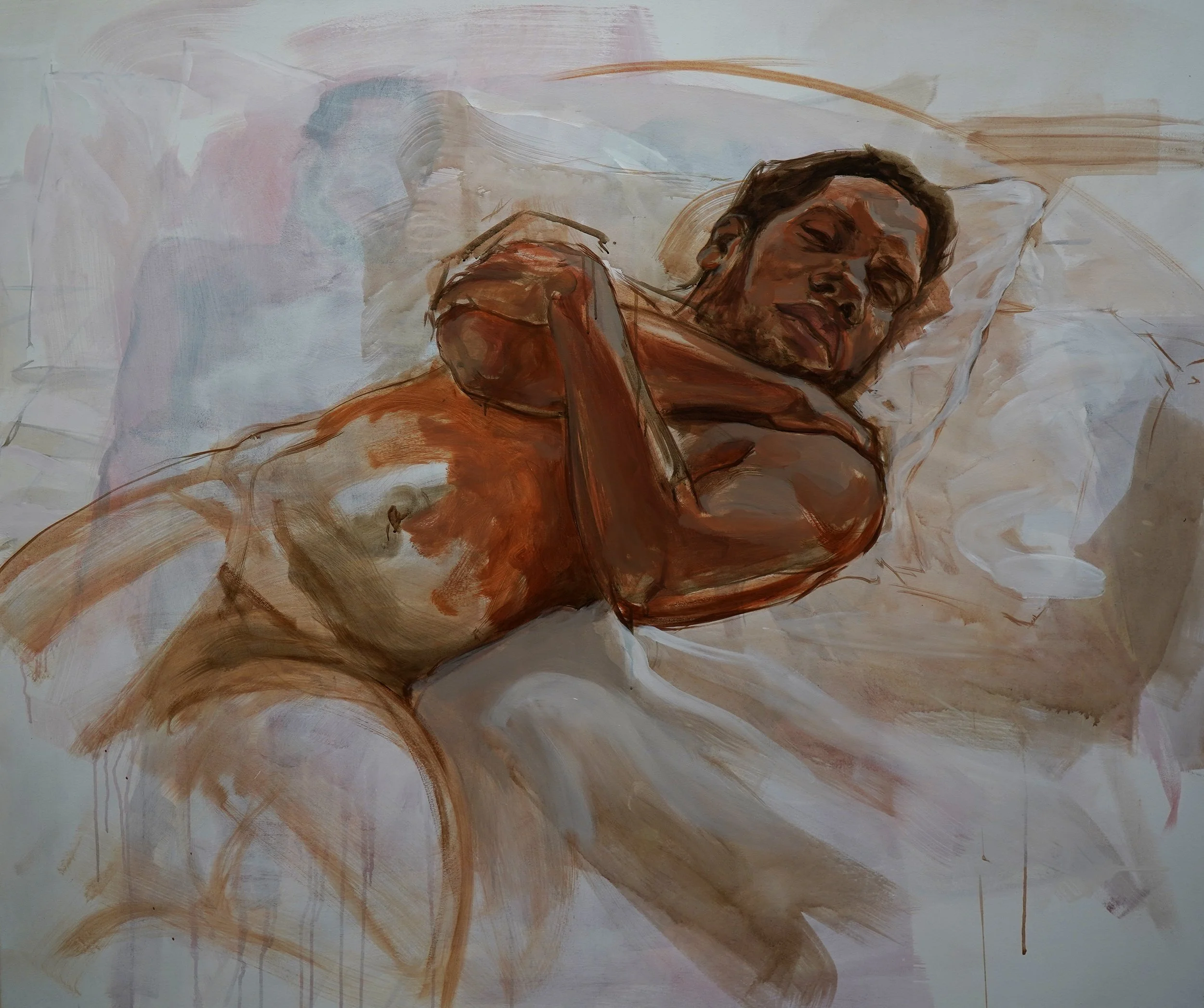 Painting of a woman sleeping on a pillow with her hand on her shoulder, painted in warm earthy tones with expressive brushstrokes.