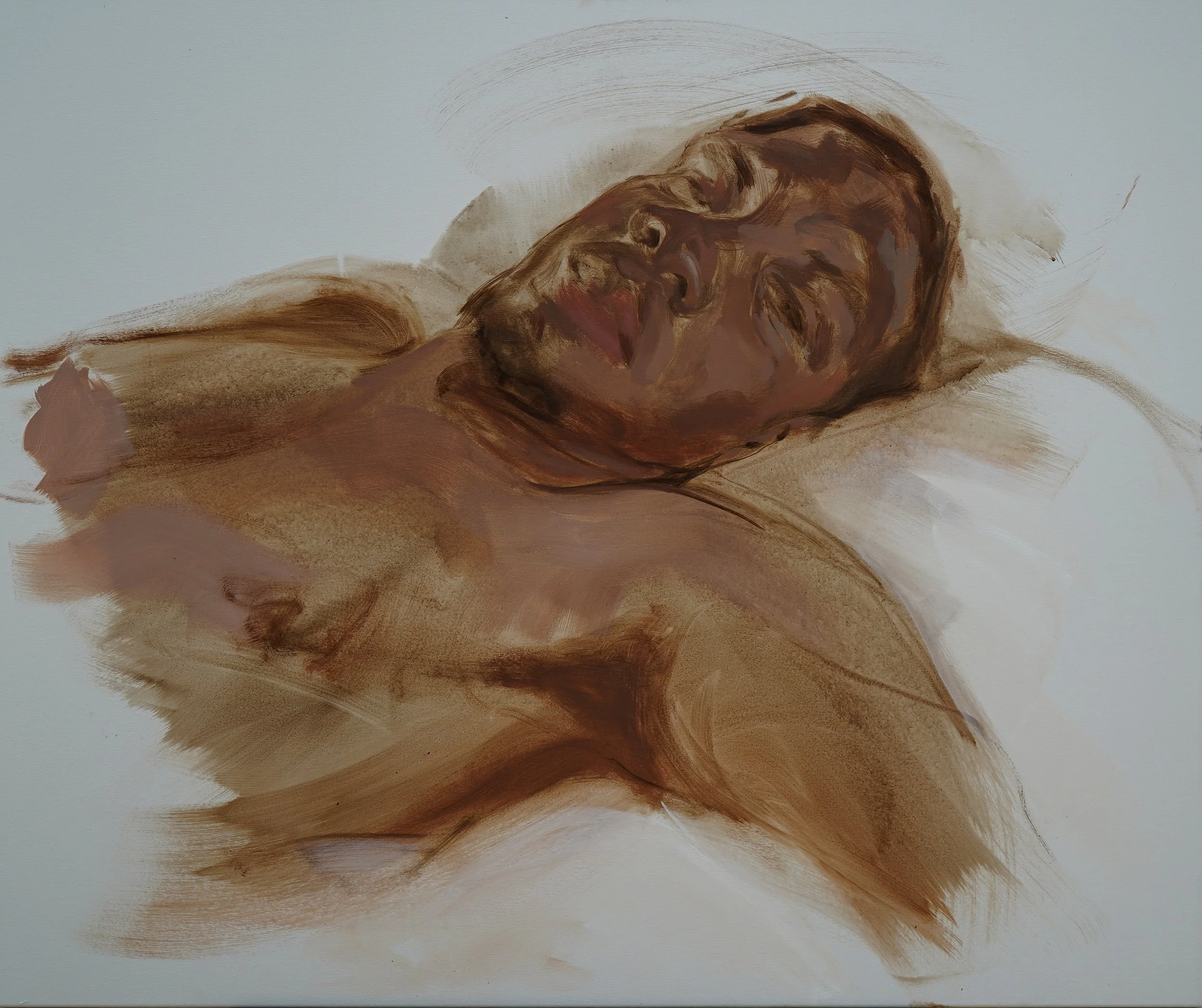 An acrylic painting of a person with closed eyes lying on a surface. The image is abstract, using shades of brown, beige, and soft white for the background.