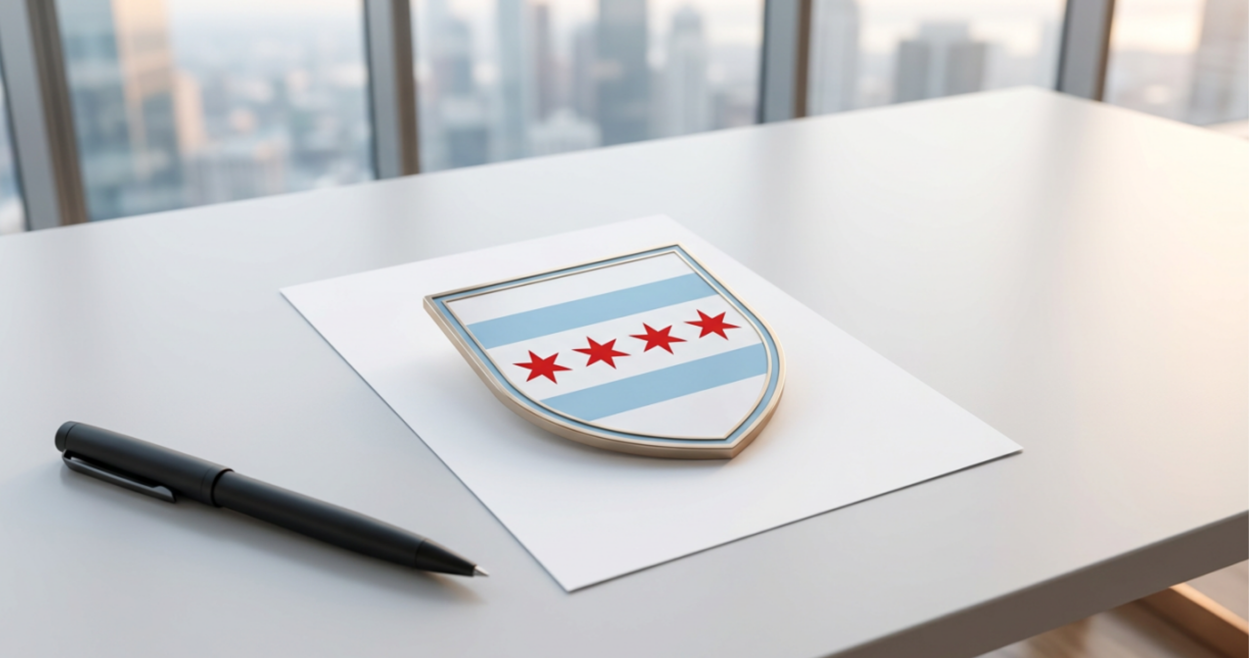 Chicago Patent Law contact page featuring the firm's Chicago flag shield logo on a modern corporate desk.