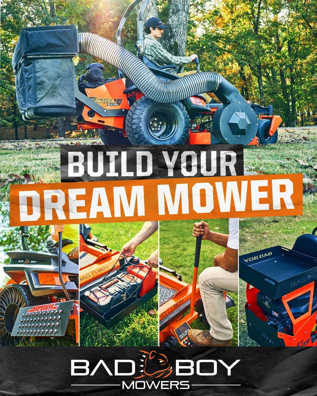 A person sitting on a orange and black mowing machine in a park with trees in the background, promotional text overlay reading "Build Your Dream Mower," and smaller images of mower parts and accessories.