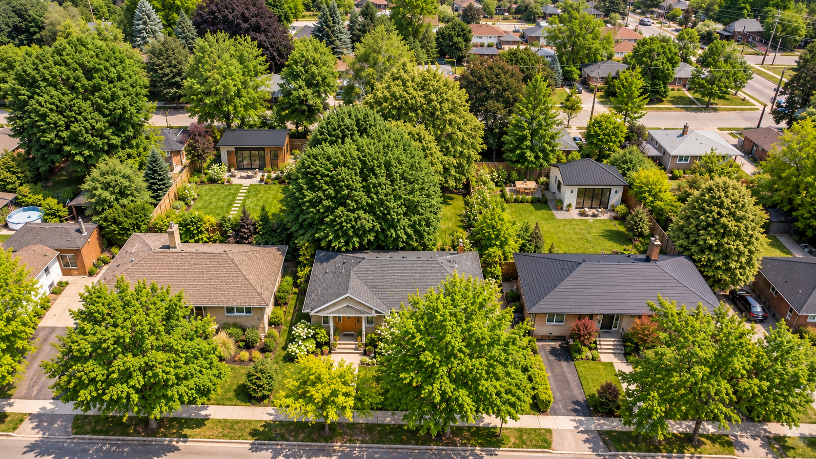 Aerial view of an established Ontario-style residential neighbourhood with detached homes and backyard additional dwelling units (ADUs), illustrating gentle density as a housing solution.