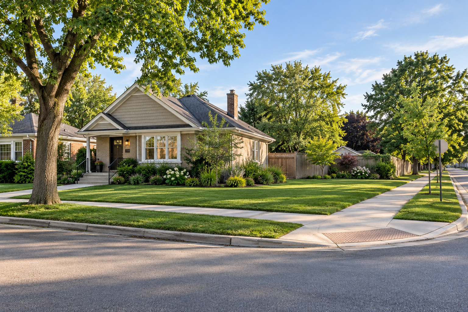 A modest bungalow on a spacious corner lot with a large side yard, illustrating the potential for an additional dwelling unit (ADU).