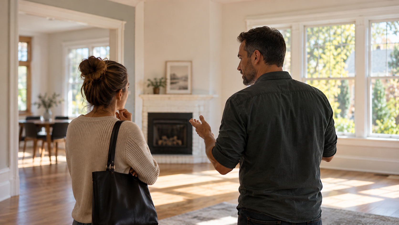 A homebuyer and Realtor discussing a property during a showing, illustrating the importance of thoughtful advice when deciding whether to buy a home.