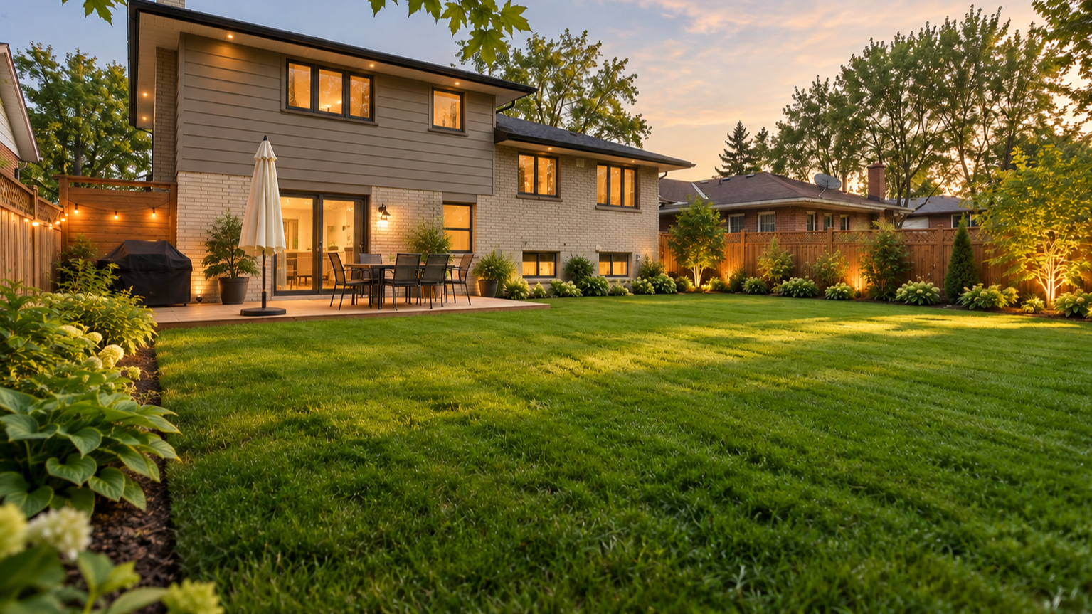 A residential backyard in Guelph, Ontario, with potential space for an additional dwelling unit (ADU).