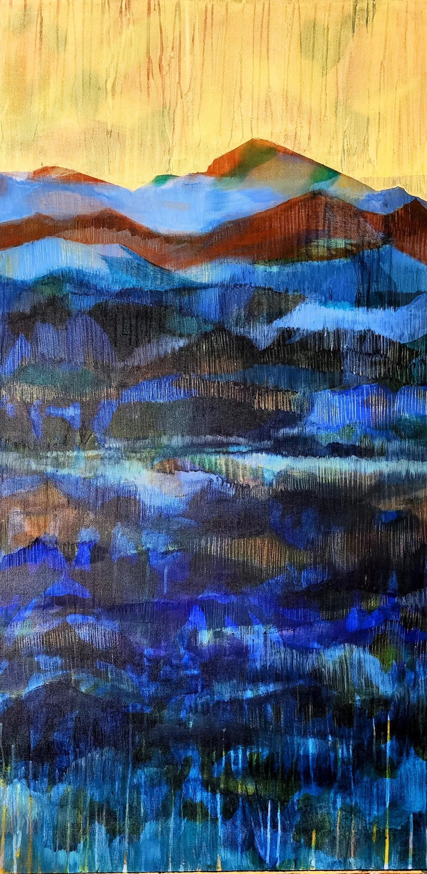 Abstract watercolor painting of mountain landscape with blue and purple hues, and a yellow sky.