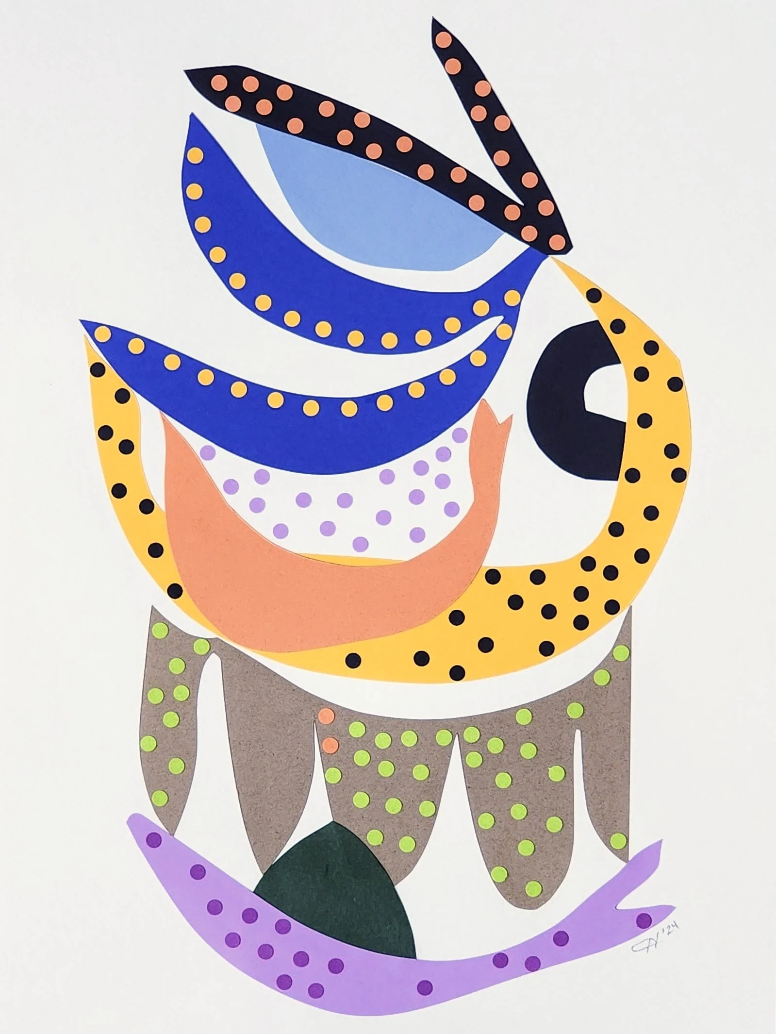 Abstract colorful collage of animal shapes with patterns of dots and stripes in yellow, purple, black, blue, peach, and gray