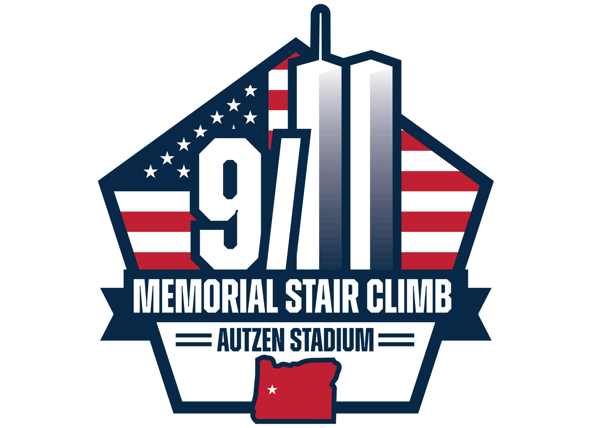 Logo for the 9/11 Memorial Stair Climb at Autzen Stadium, featuring a stylized mountain with stars and stripes, an outline of Oregon with a red star, and the event name written in bold letters.