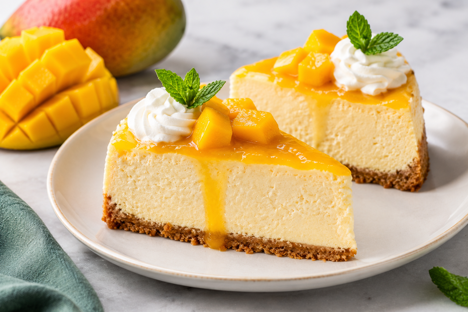 Mango Cheesecake Slices with Mint Garnish.png