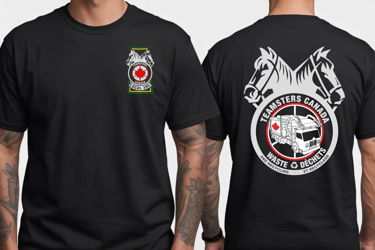 Black t-shirt with Canadian-themed emblem of two horses and a red maple leaf, and text referring to waste and recycling services for Teamsters Canada.