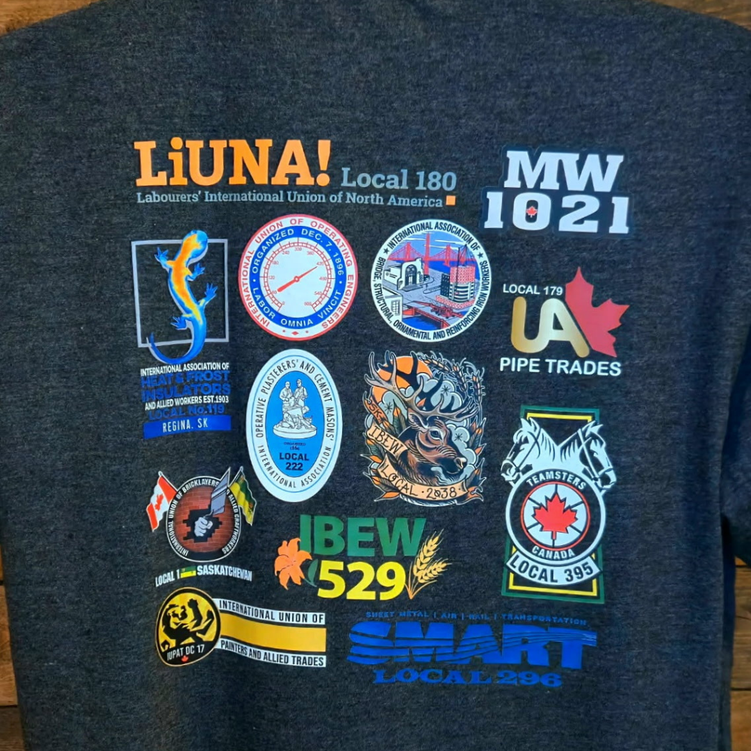 T-shirt with various union logos and slogans, including LIUNA, MW, IA, Pipe Trades, SMART, and others.