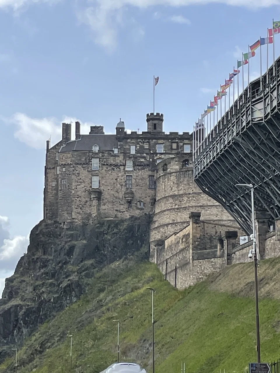 Walking up to Edinburgh Castle and the Royal Mile.  You can just see the grandstands of the Esplanade on the right.