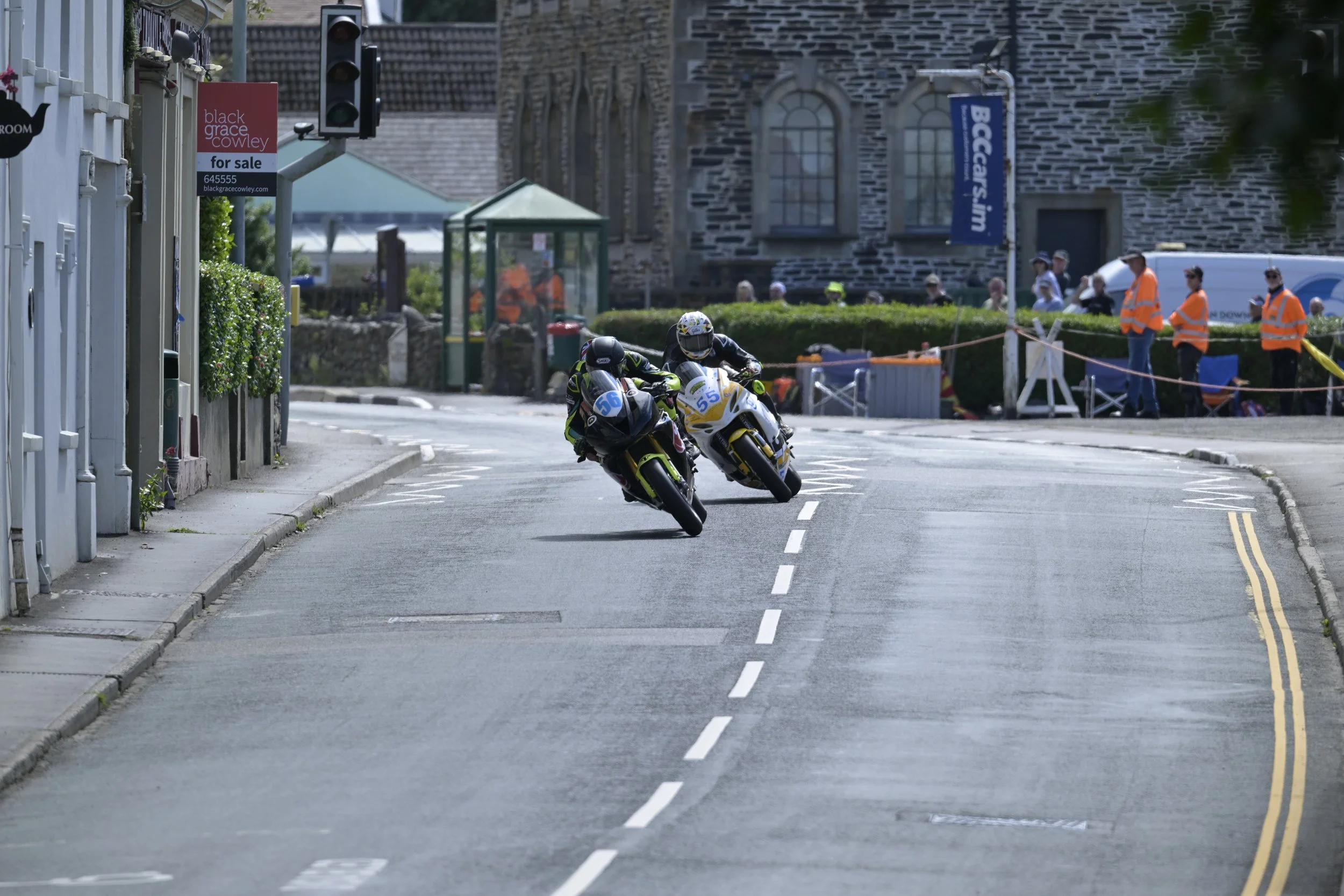 Monster Energy Supersport TT Race 1. #56 Toby Shann - Triumph 765 - Cowton Racing WJ Trackdays (in front), #55 Michael Russell - Suzuki R750 - Fracer Evans Tyre Recycling Racing (trailing). Photo taken at Kirk Michael.