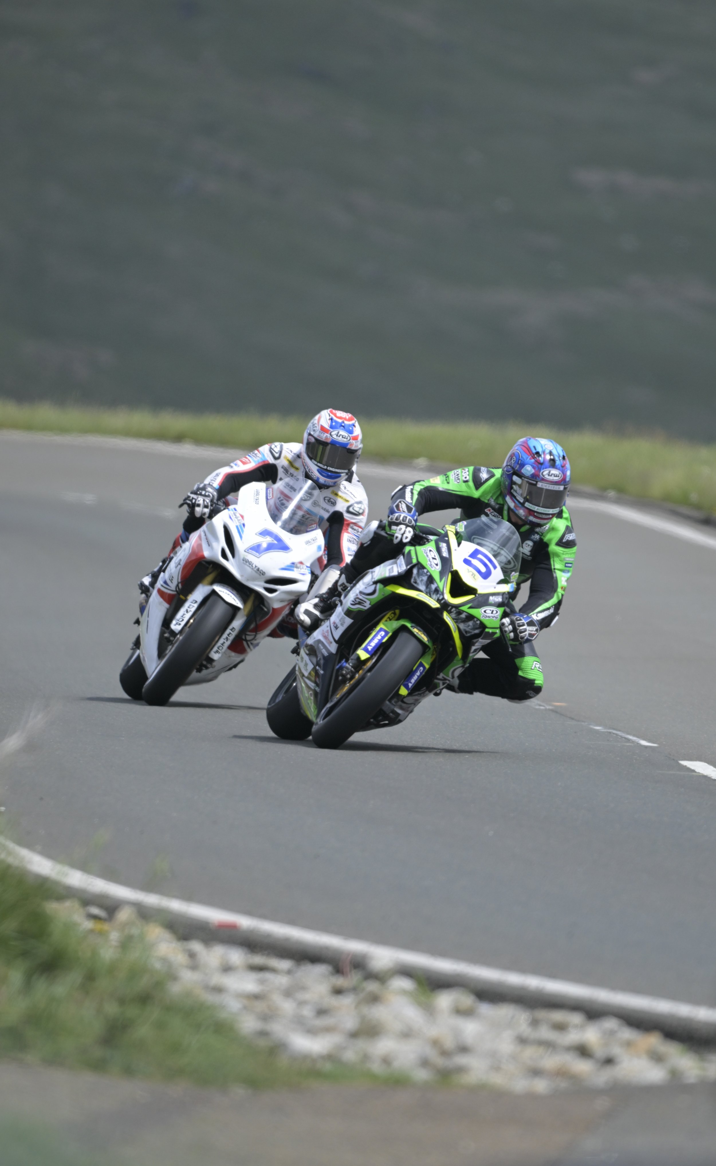 Monster Energy Supersport TT Race 2. #5 David Johnson - Kawasaki ZX-6 - CD Racing (in front), #7 Joshua Brookes - Suzuki R750 - Uggly & CO Racing (trailing). Photo taken at Bungalow. 